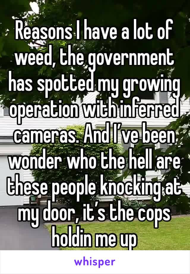 Reasons I have a lot of weed, the government has spotted my growing operation with inferred cameras. And I’ve been wonder who the hell are these people knocking at my door, it’s the cops holdin me up