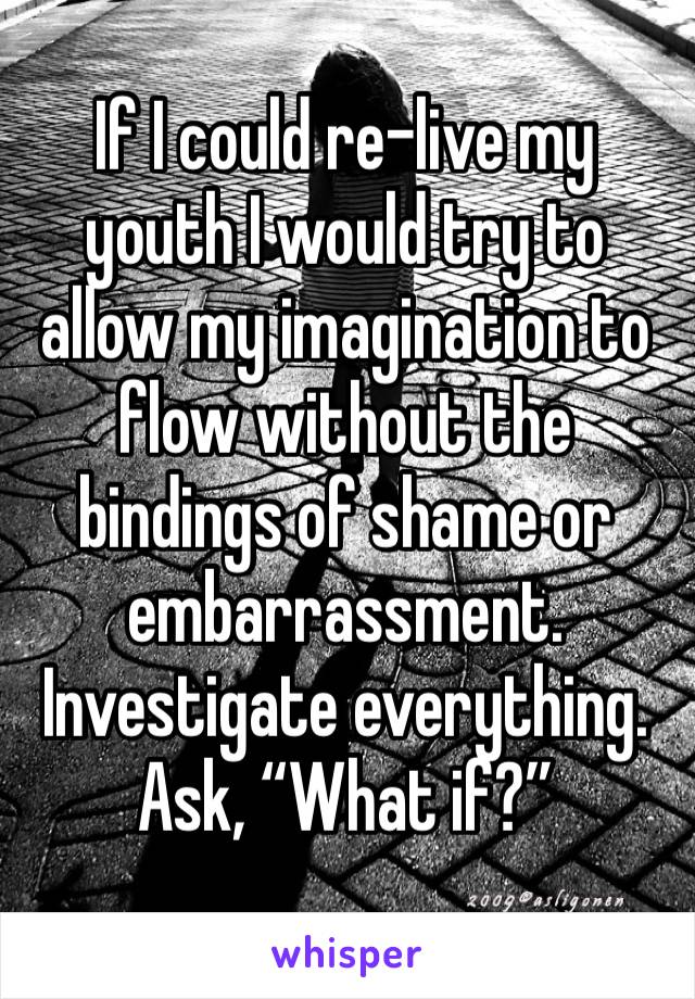 If I could re-live my youth I would try to allow my imagination to flow without the bindings of shame or embarrassment.  Investigate everything.  Ask, “What if?”