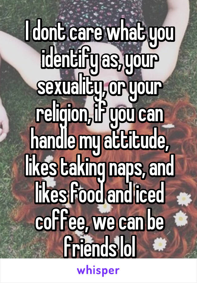 I dont care what you identify as, your sexuality, or your religion, if you can handle my attitude, likes taking naps, and likes food and iced coffee, we can be friends lol
