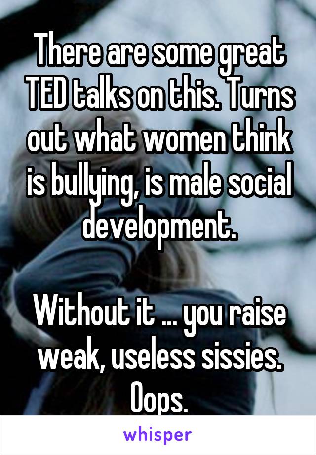 There are some great TED talks on this. Turns out what women think is bullying, is male social development.

Without it ... you raise weak, useless sissies. Oops.