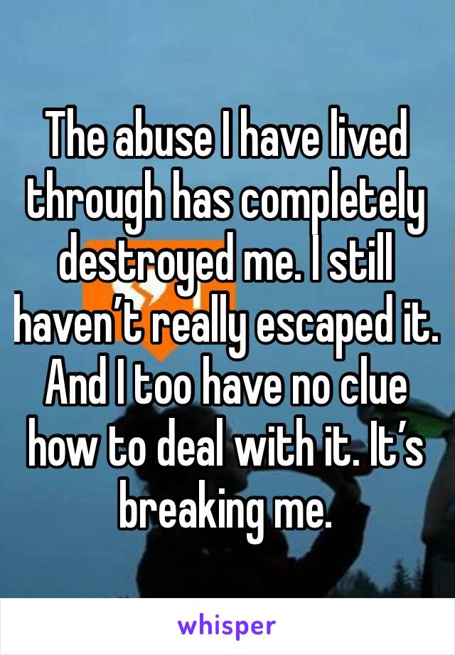 The abuse I have lived through has completely destroyed me. I still haven’t really escaped it.  And I too have no clue how to deal with it. It’s breaking me. 