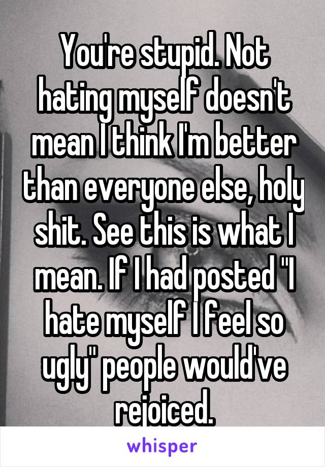 You're stupid. Not hating myself doesn't mean I think I'm better than everyone else, holy shit. See this is what I mean. If I had posted "I hate myself I feel so ugly" people would've rejoiced.