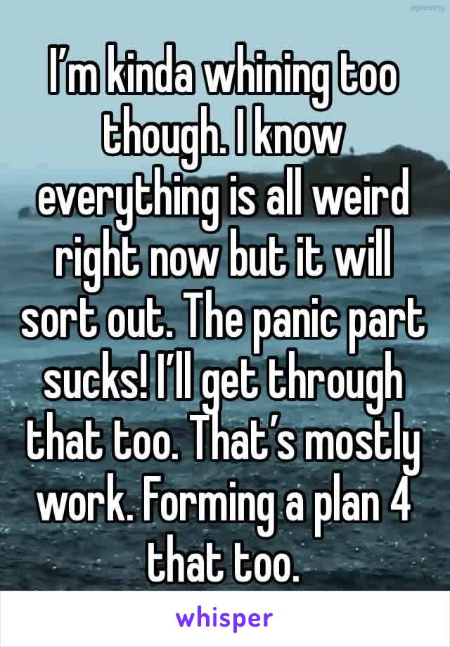 I’m kinda whining too though. I know everything is all weird right now but it will sort out. The panic part sucks! I’ll get through that too. That’s mostly work. Forming a plan 4 that too.