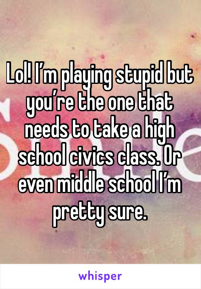 Lol! I’m playing stupid but you’re the one that needs to take a high school civics class. Or even middle school I’m pretty sure.