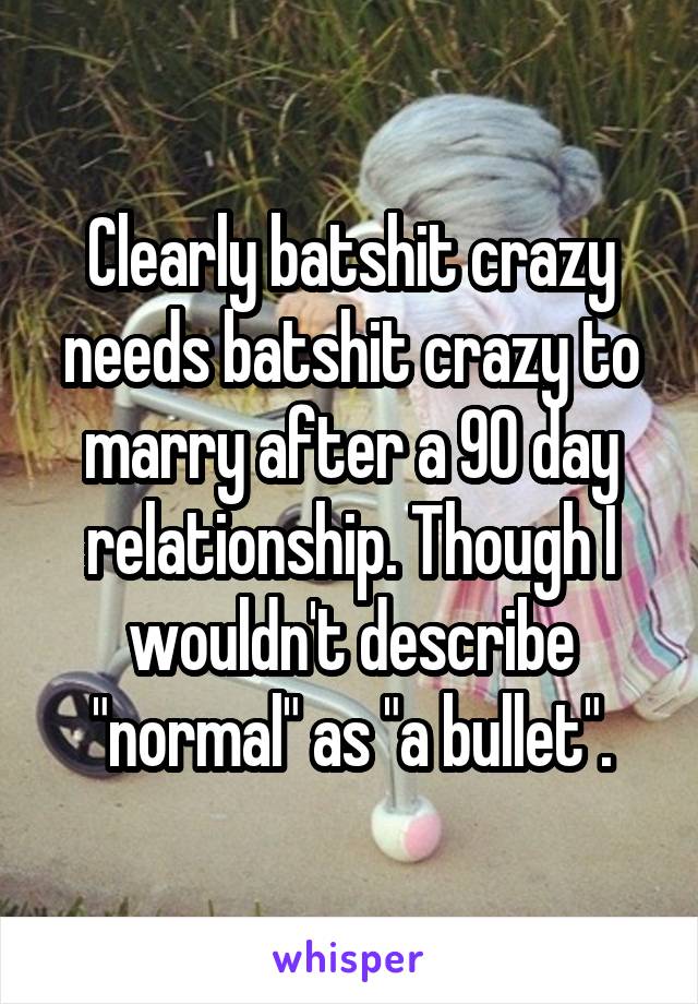 Clearly batshit crazy needs batshit crazy to marry after a 90 day relationship. Though I wouldn't describe "normal" as "a bullet".