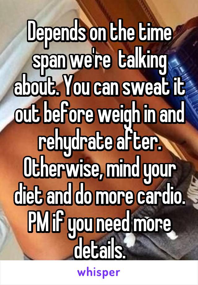 Depends on the time span we're  talking about. You can sweat it out before weigh in and rehydrate after.
Otherwise, mind your diet and do more cardio.
PM if you need more details.