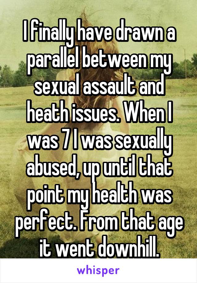 I finally have drawn a parallel between my sexual assault and heath issues. When I was 7 I was sexually abused, up until that point my health was perfect. From that age it went downhill.
