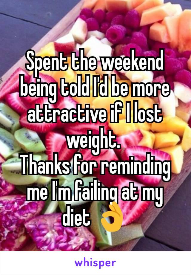 Spent the weekend being told I'd be more attractive if I lost weight. 
Thanks for reminding me I'm failing at my diet 👌