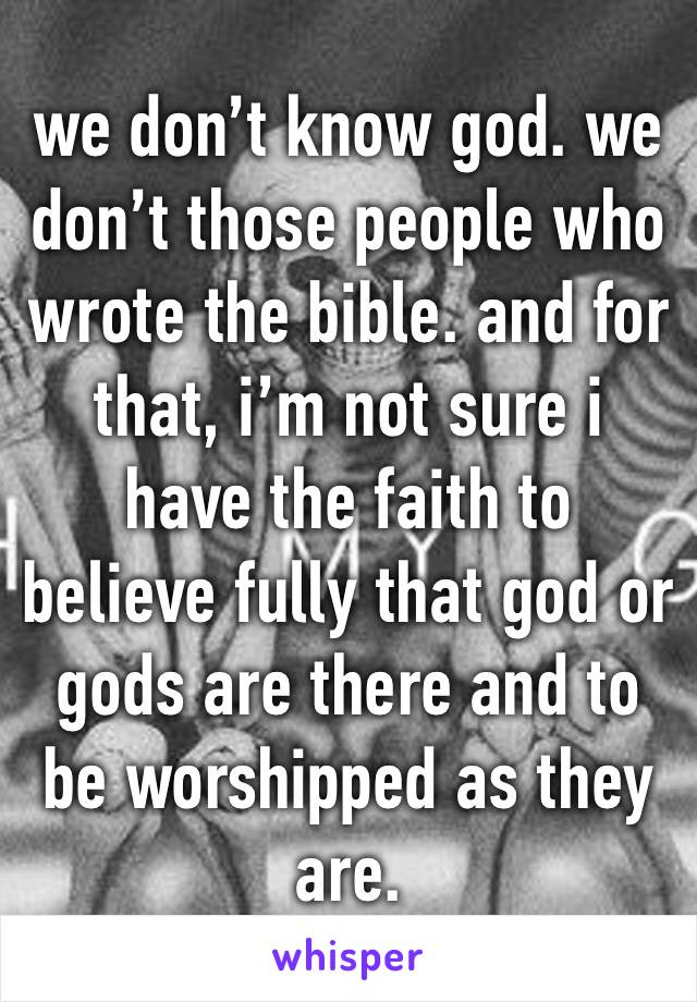 we don’t know god. we don’t those people who wrote the bible. and for that, i’m not sure i have the faith to believe fully that god or gods are there and to be worshipped as they are.