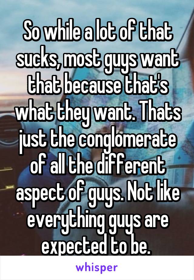 So while a lot of that sucks, most guys want that because that's what they want. Thats just the conglomerate of all the different aspect of guys. Not like everything guys are expected to be. 