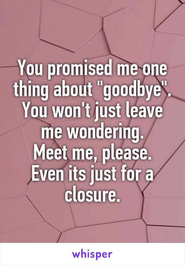 You promised me one thing about "goodbye".
You won't just leave me wondering.
Meet me, please.
Even its just for a closure.
