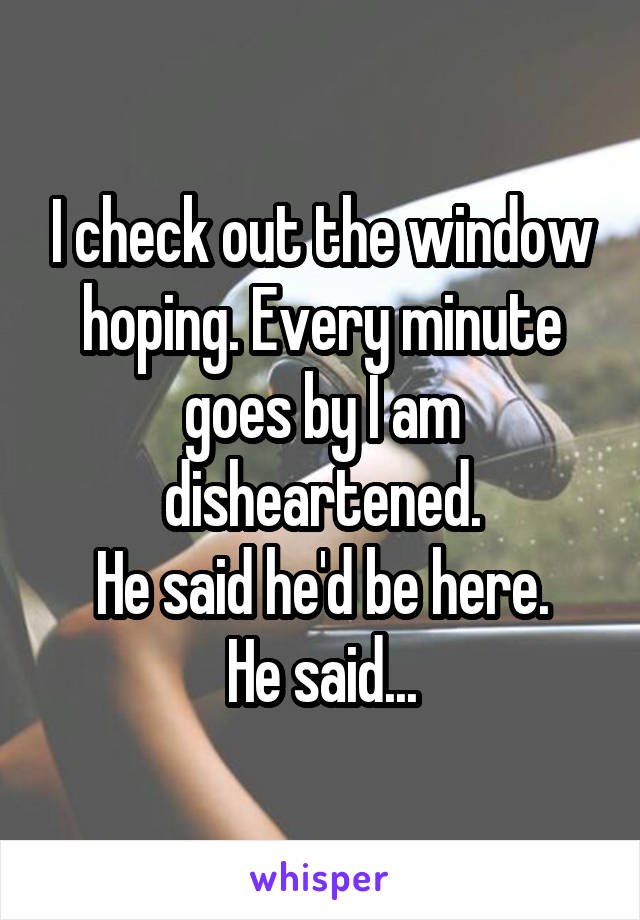 I check out the window hoping. Every minute goes by I am disheartened.
He said he'd be here.
He said...