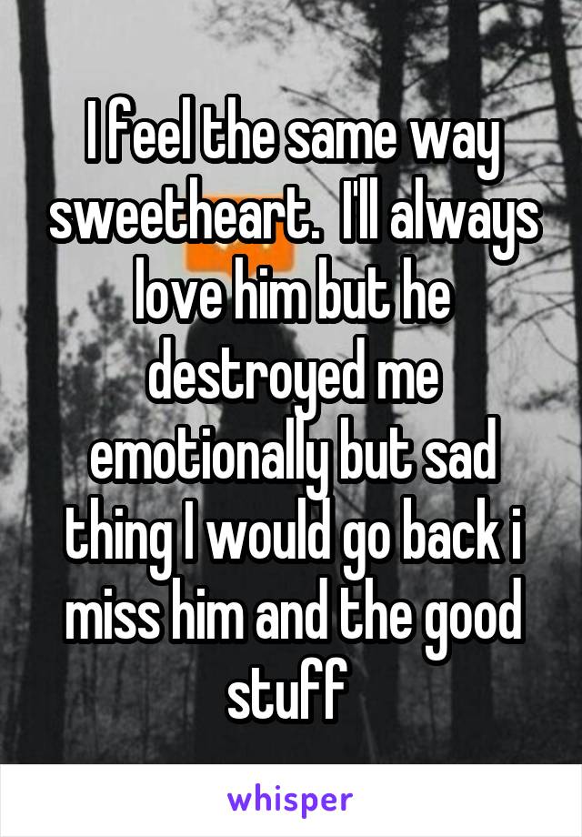 I feel the same way sweetheart.  I'll always love him but he destroyed me emotionally but sad thing I would go back i miss him and the good stuff 