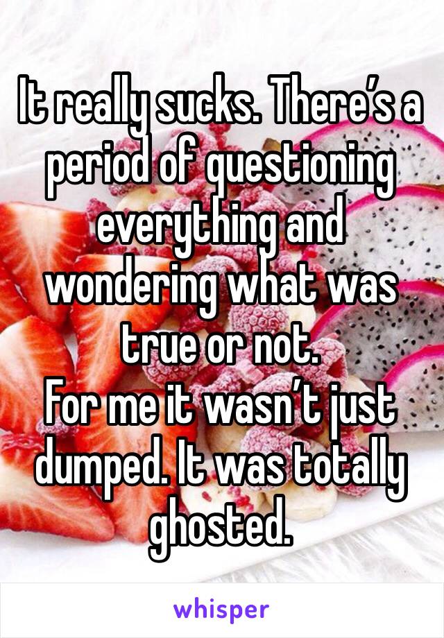 It really sucks. There’s a period of questioning everything and wondering what was true or not. 
For me it wasn’t just dumped. It was totally ghosted. 