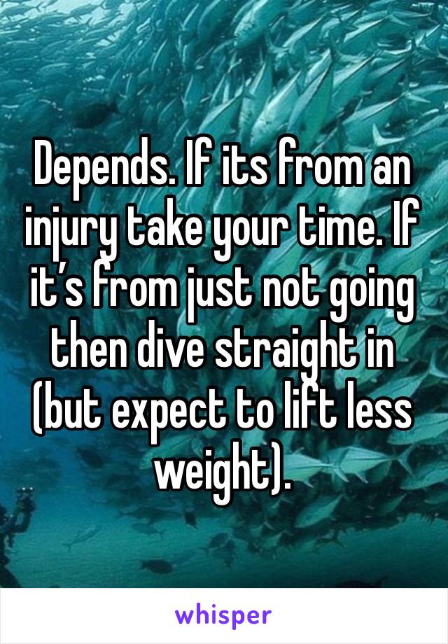 Depends. If its from an injury take your time. If it’s from just not going then dive straight in (but expect to lift less weight).