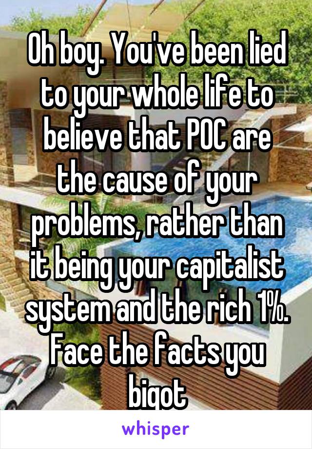 Oh boy. You've been lied to your whole life to believe that POC are the cause of your problems, rather than it being your capitalist system and the rich 1%. Face the facts you bigot