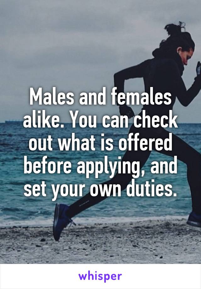 Males and females alike. You can check out what is offered before applying, and set your own duties.