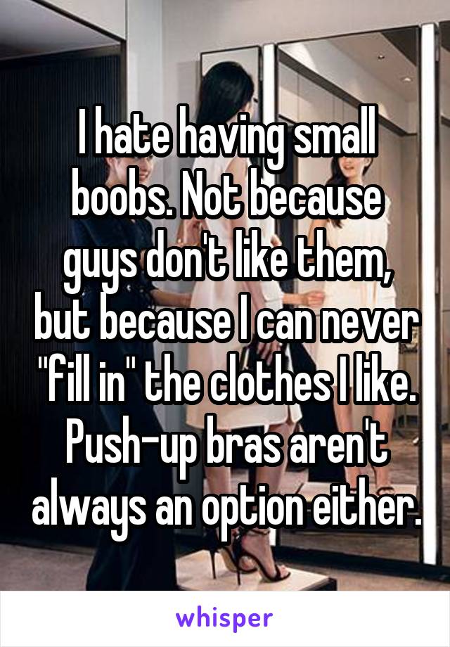 I hate having small boobs. Not because guys don't like them, but because I can never "fill in" the clothes I like. Push-up bras aren't always an option either.