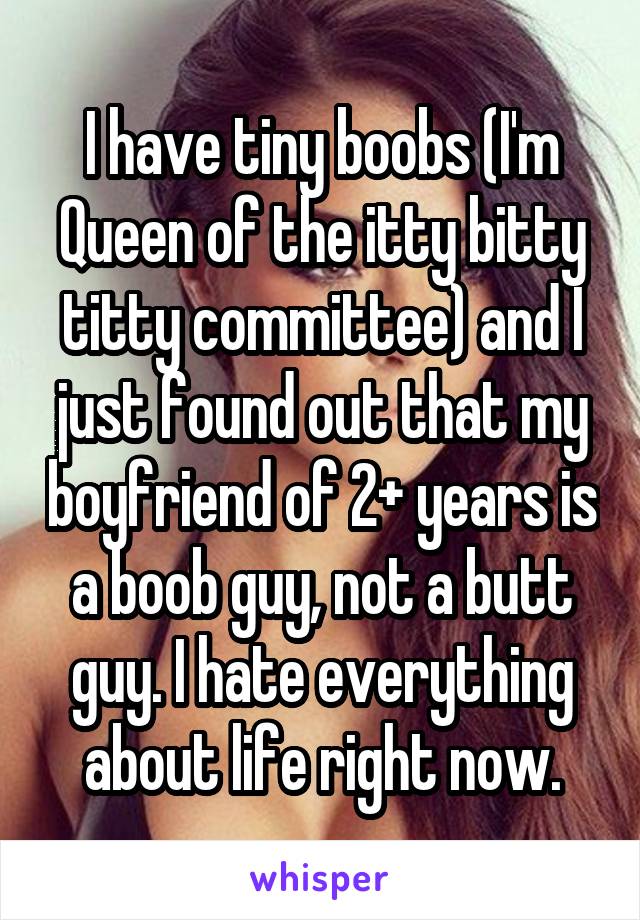 I have tiny boobs (I'm Queen of the itty bitty titty committee) and I just found out that my boyfriend of 2+ years is a boob guy, not a butt guy. I hate everything about life right now.