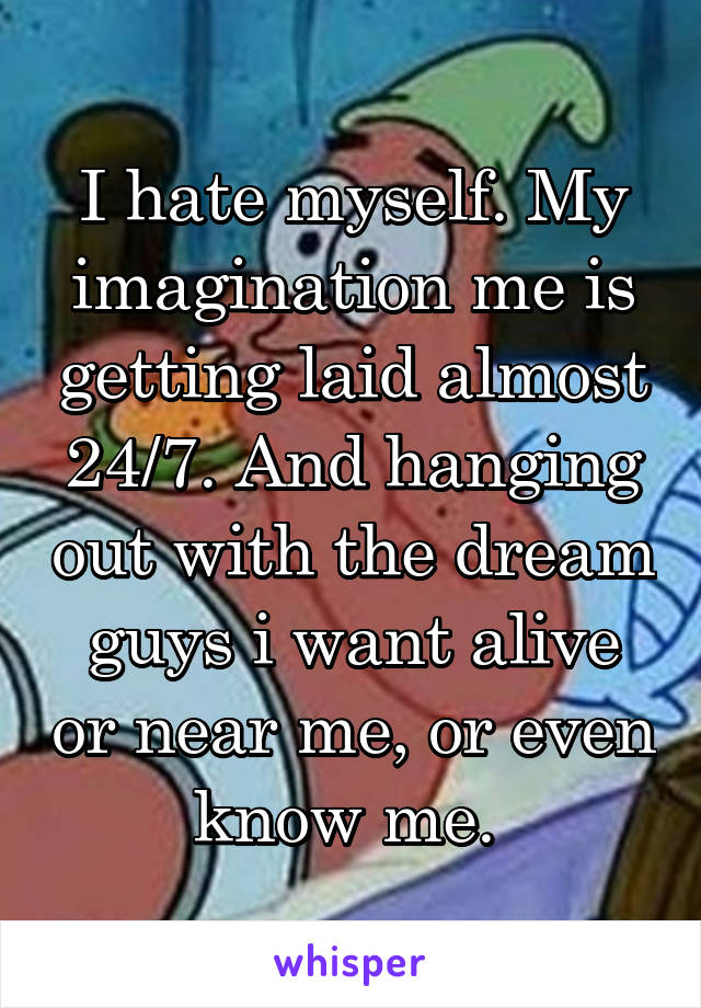I hate myself. My imagination me is getting laid almost 24/7. And hanging out with the dream guys i want alive or near me, or even know me. 