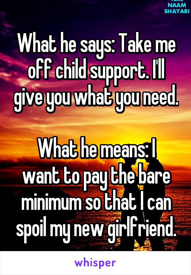 What he says: Take me off child support. I'll give you what you need. 
What he means: I want to pay the bare minimum so that I can spoil my new girlfriend.