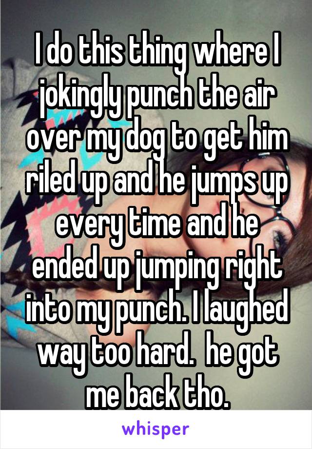 I do this thing where I jokingly punch the air over my dog to get him riled up and he jumps up every time and he ended up jumping right into my punch. I laughed way too hard.  he got me back tho.