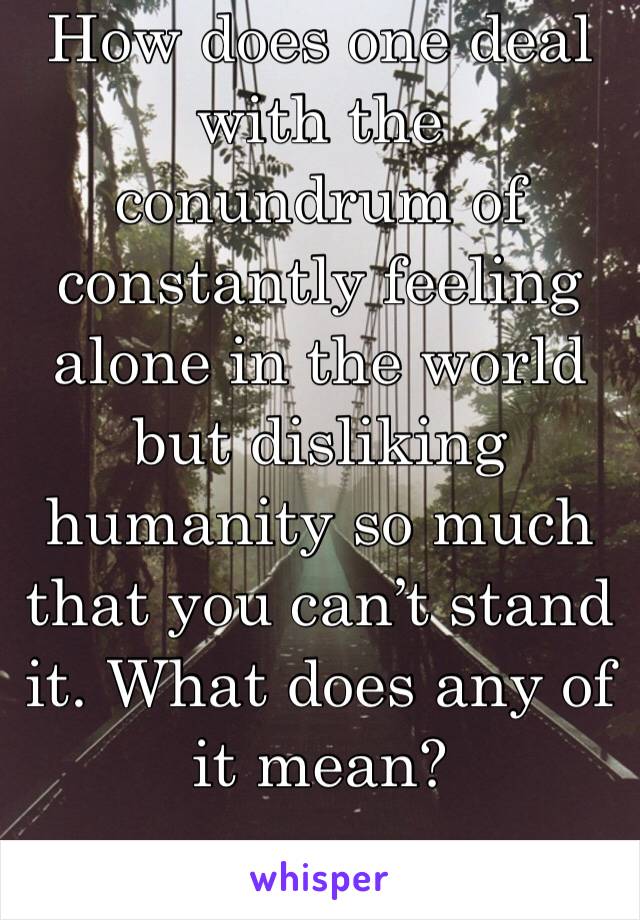 How does one deal with the conundrum of constantly feeling alone in the world but disliking humanity so much that you can’t stand it. What does any of it mean?