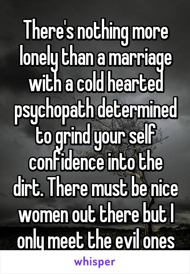 There's nothing more lonely than a marriage with a cold hearted psychopath determined to grind your self confidence into the dirt. There must be nice women out there but I only meet the evil ones
