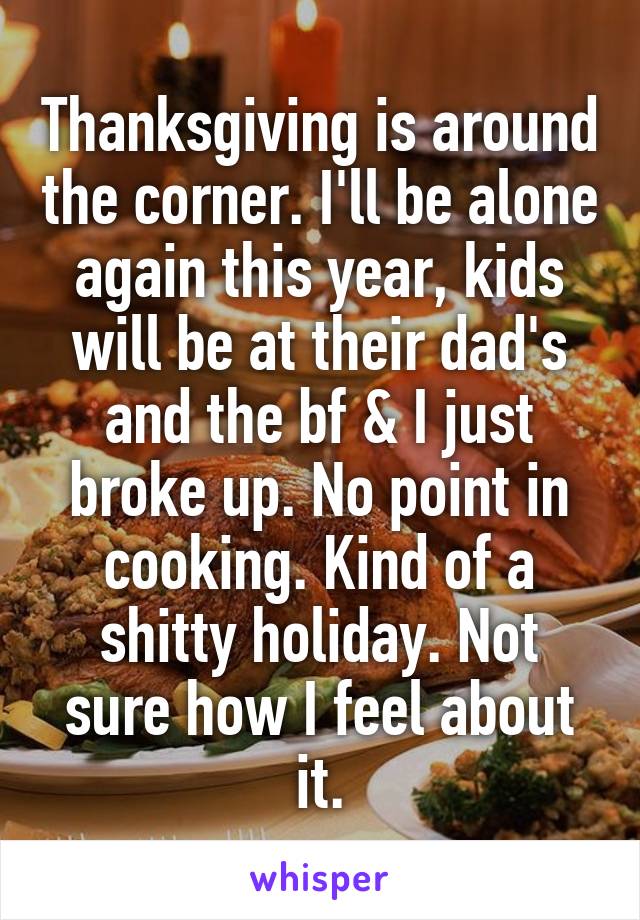 Thanksgiving is around the corner. I'll be alone again this year, kids will be at their dad's and the bf & I just broke up. No point in cooking. Kind of a shitty holiday. Not sure how I feel about it.