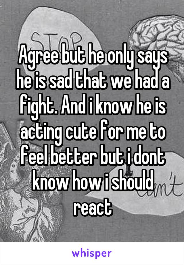 Agree but he only says he is sad that we had a fight. And i know he is acting cute for me to feel better but i dont know how i should react