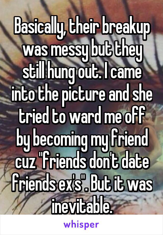 Basically, their breakup was messy but they still hung out. I came into the picture and she tried to ward me off by becoming my friend cuz "friends don't date friends ex's". But it was inevitable.