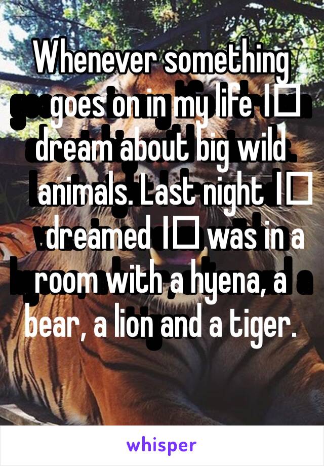 Whenever something goes on in my life I️ dream about big wild animals. Last night I️ dreamed I️ was in a room with a hyena, a bear, a lion and a tiger.