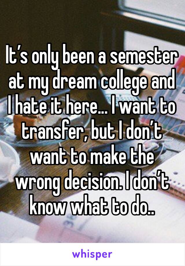 It’s only been a semester at my dream college and I hate it here... I want to transfer, but I don’t want to make the wrong decision. I don’t know what to do..