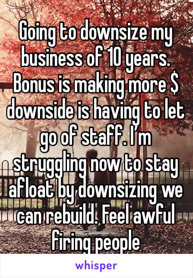 Going to downsize my business of 10 years. Bonus is making more $ downside is having to let go of staff. I’m struggling now to stay afloat by downsizing we can rebuild. Feel awful firing people