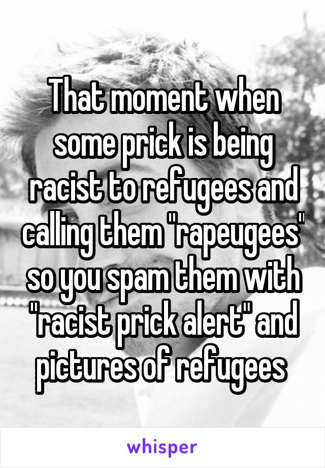 That moment when some prick is being racist to refugees and calling them "rapeugees" so you spam them with "racist prick alert" and pictures of refugees 