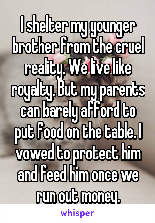 I shelter my younger brother from the cruel reality. We live like royalty. But my parents can barely afford to put food on the table. I vowed to protect him and feed him once we run out money.