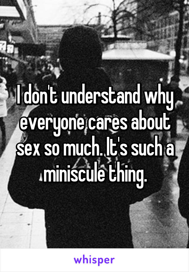 I don't understand why everyone cares about sex so much. It's such a miniscule thing.