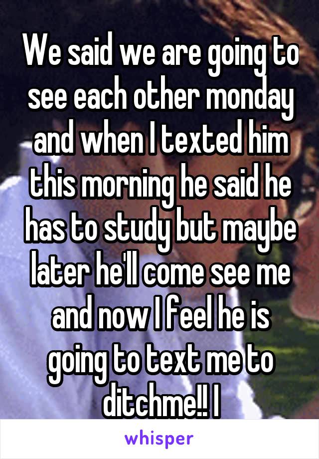 We said we are going to see each other monday and when I texted him this morning he said he has to study but maybe later he'll come see me and now I feel he is going to text me to ditchme!! I