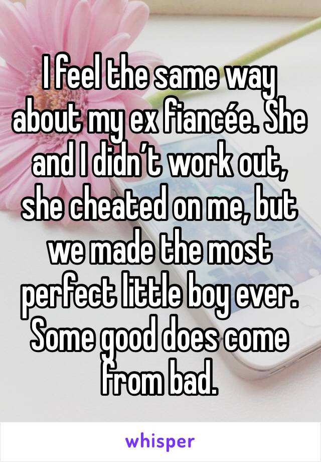 I feel the same way about my ex fiancée. She and I didn’t work out, she cheated on me, but we made the most perfect little boy ever. Some good does come from bad. 