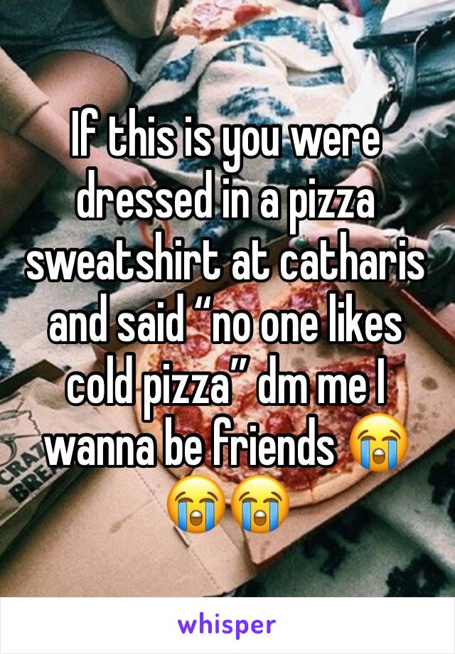 If this is you were dressed in a pizza sweatshirt at catharis and said “no one likes cold pizza” dm me I wanna be friends 😭😭😭