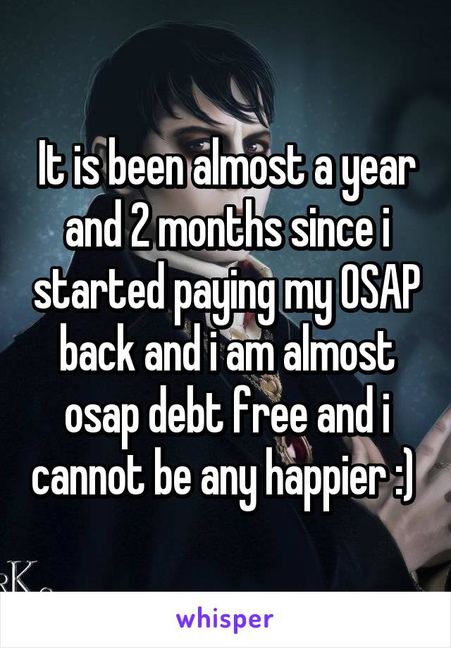 It is been almost a year and 2 months since i started paying my OSAP back and i am almost osap debt free and i cannot be any happier :) 