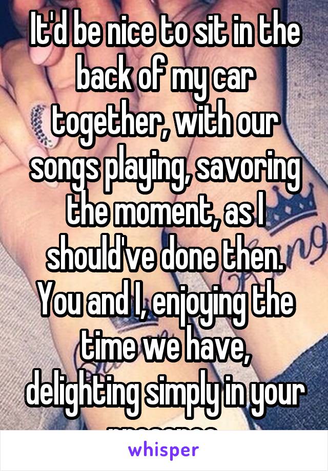 It'd be nice to sit in the back of my car together, with our songs playing, savoring the moment, as I should've done then. You and I, enjoying the time we have, delighting simply in your presence.