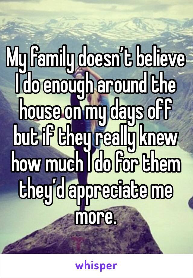 My family doesn’t believe I do enough around the house on my days off but if they really knew how much I do for them they’d appreciate me more. 