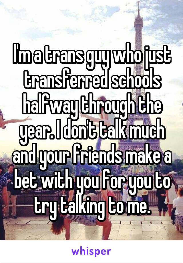 I'm a trans guy who just transferred schools halfway through the year. I don't talk much and your friends make a bet with you for you to try talking to me.
