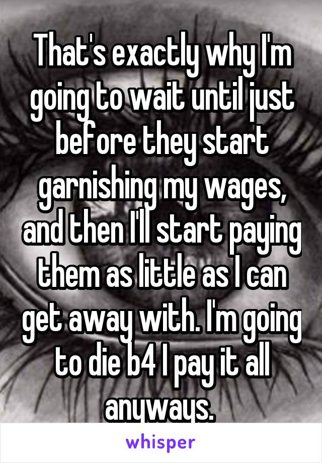 That's exactly why I'm going to wait until just before they start garnishing my wages, and then I'll start paying them as little as I can get away with. I'm going to die b4 I pay it all anyways. 