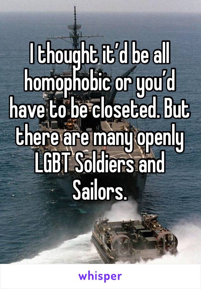 I thought it’d be all homophobic or you’d have to be closeted. But there are many openly LGBT Soldiers and Sailors. 