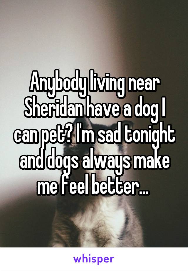 Anybody living near Sheridan have a dog I can pet? I'm sad tonight and dogs always make me feel better... 