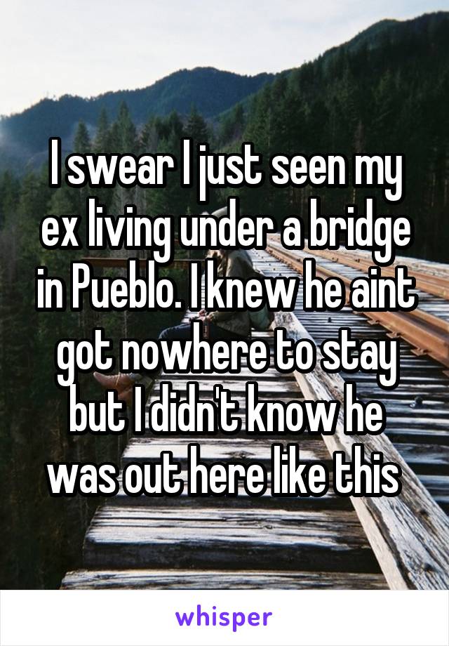 I swear I just seen my ex living under a bridge in Pueblo. I knew he aint got nowhere to stay but I didn't know he was out here like this 