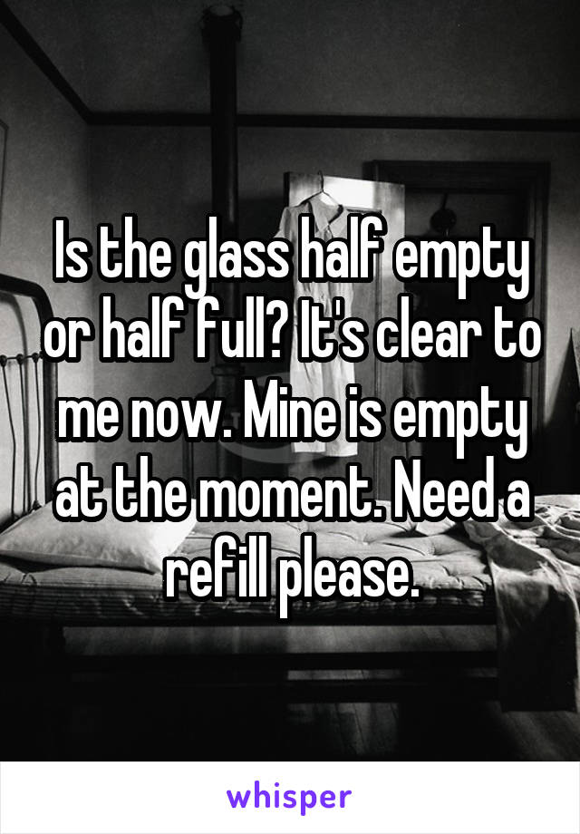 Is the glass half empty or half full? It's clear to me now. Mine is empty at the moment. Need a refill please.