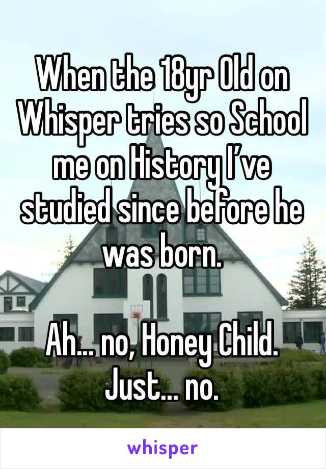 When the 18yr Old on Whisper tries so School me on History I’ve studied since before he was born. 

Ah... no, Honey Child. 
Just... no. 